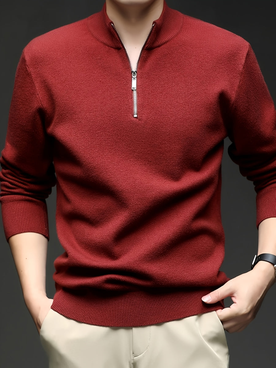 Men'S Half-Zip Stand Collar Knit Sweater, Non-Tight Loose Fit, Suitable for Most Men, Versatile Base Layer - SINBOS - Raffia Red