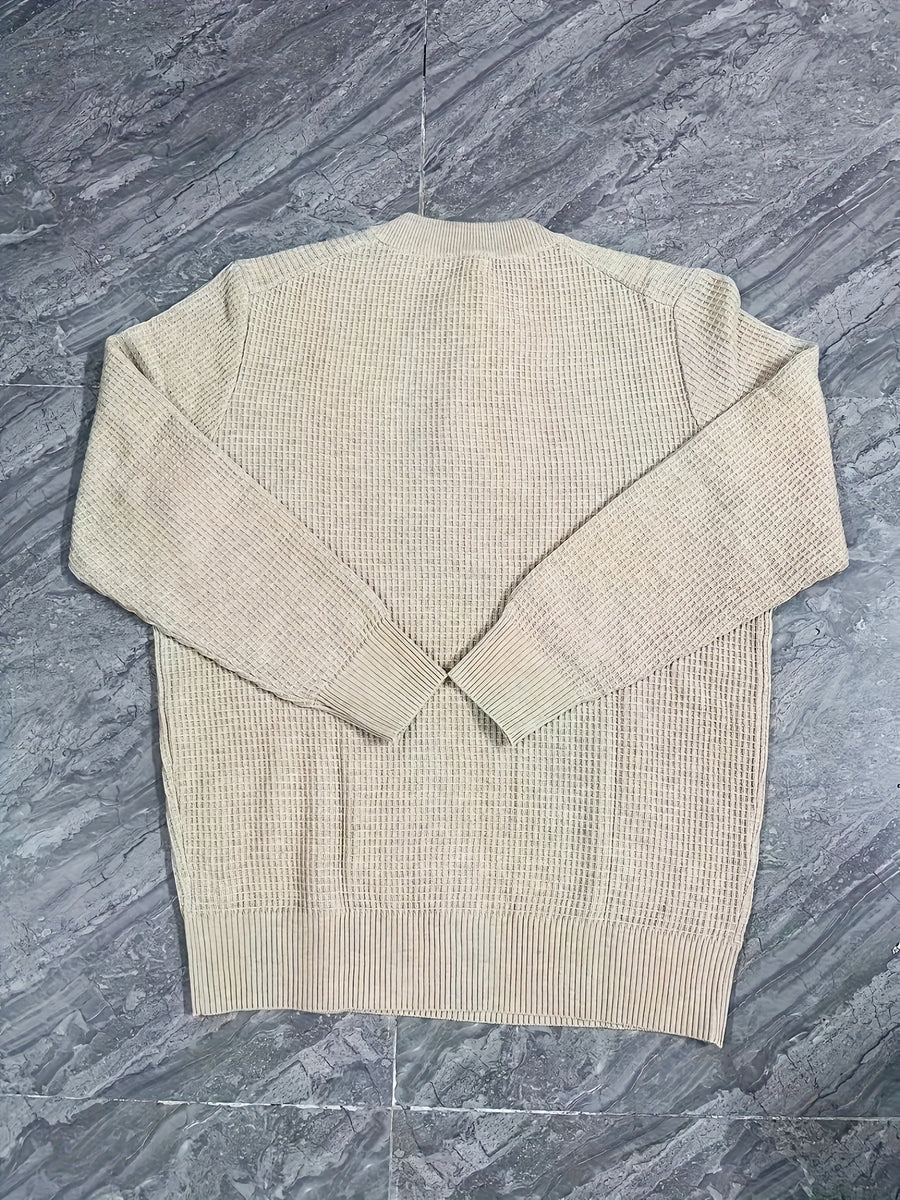 Waffle Knit Soft and Skin-Friendly Lazy Style Men's Henley Neck Pullover Base Layer Sweater - Oatmeal Color