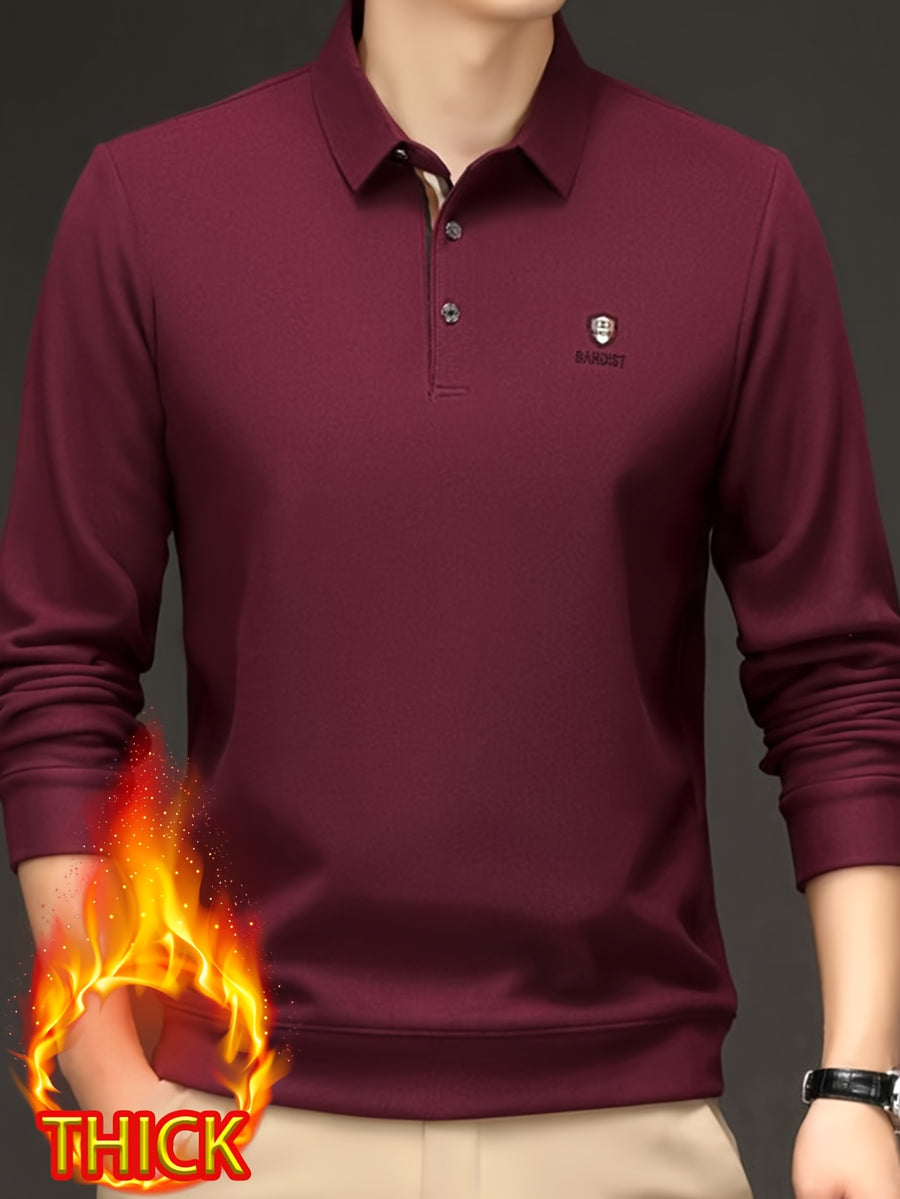 Men'S Thickened Fleece Long Sleeve Polo Shirt, Classic Polo Collar, Ribbed Cuffs, Straight Hem, Autumn Thickened Style - SINBOS - Angola Red