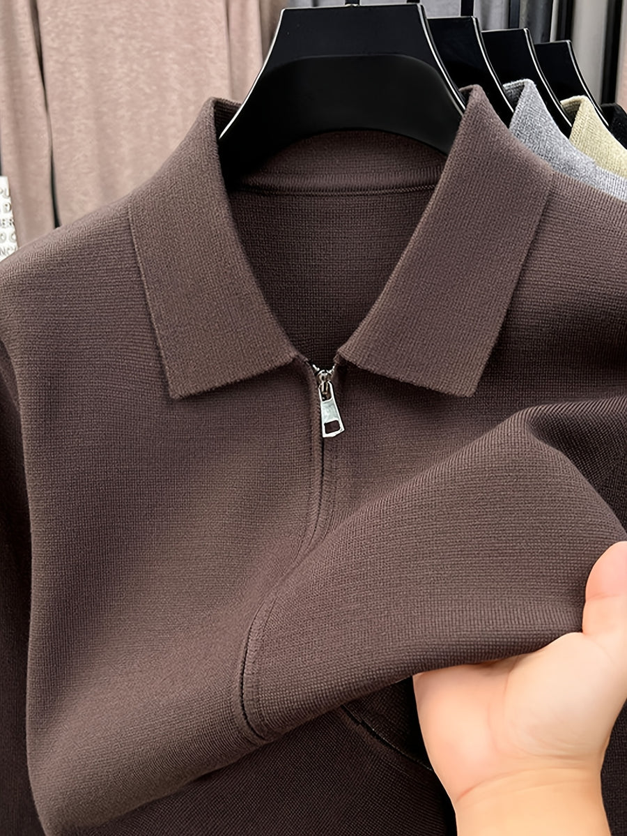 Men'S Lapel Full-Zip Long Sleeve Knit Jacket, Ribbed Cuffs And Hem, Autumn/Winter Style, Casual Commute Wear, Business Casual Style. - SINBOS - Coffee Color