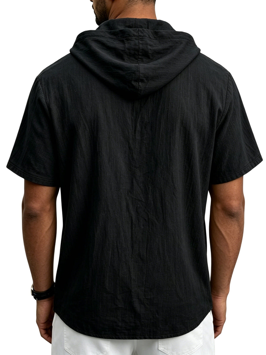 Men's Breathable Half-Zip Hooded Short-Sleeve T-Shirt - Loose-Fit Linen Summer Top with Zipper Collar, Solid Color Casual Beachwear Suitable for Vacation, Outdoor & Casual Attire, Machine Washable Linen Shirt - Black