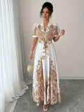 Middle Eastern Summer Elegant Festive Gathering Vacation Positioning Paisley Floral Print Puff Short Sleeve V-Neck Belt A-Line Dress - Champagne