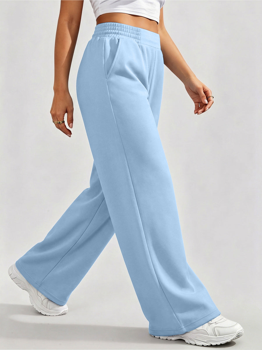 Women's High-Waist Wide-Leg Pants - Loose-Fit Trousers with Pockets, Straight-Leg Sweatpants Suitable for Spring Summer Fall, Casual Y Casual Attire, Machine Washable Wide-Leg for Workouts & Daily Outfits - Light Blue