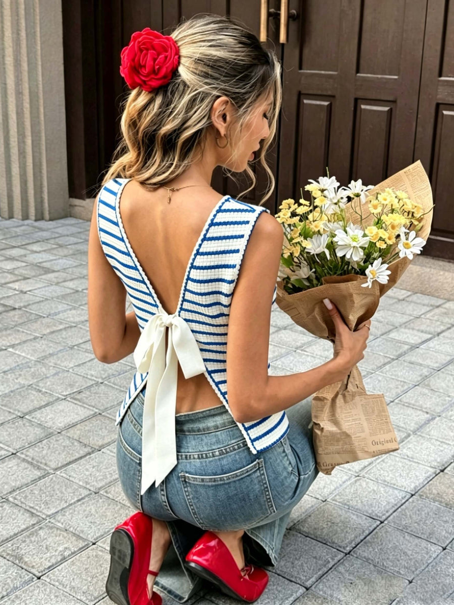 Striped Texture Halter Neck Backless Bow Women'S Vest - Blue