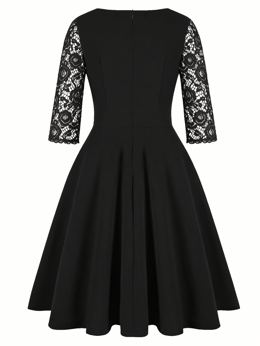 Women'S Fashion Vintage Square Neck Floral Lace Party Swing Dress - Black