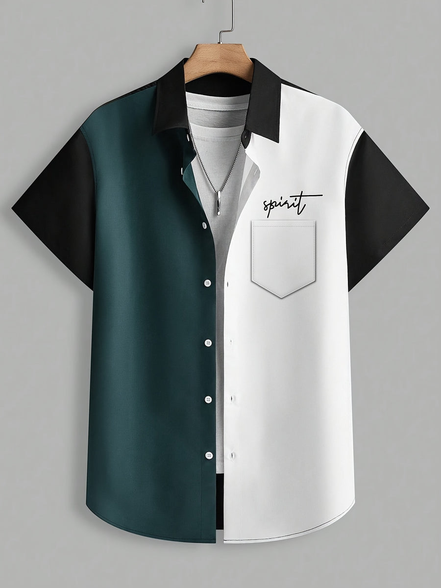 Men's Color-Block Short-Sleeve Button- Shirt, Casual Spirit Print Summer Top - Mixed colors