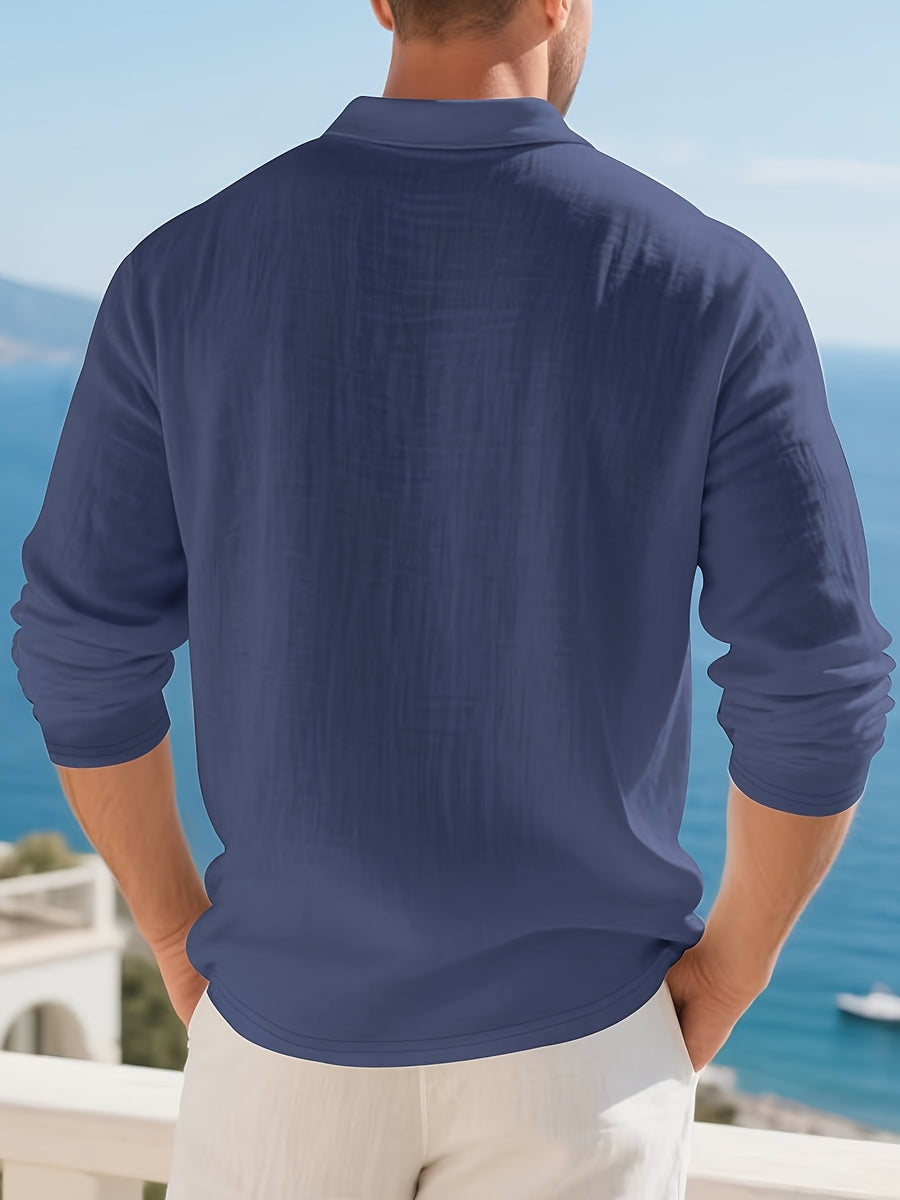 Summer Men'S 3pcs Lightweight Breathable Linen Long Sleeve Polo Shirt Solid Color Versatile Henley Button-Up T-Shirt Casual Vacation Commute Top - Blue+white+black