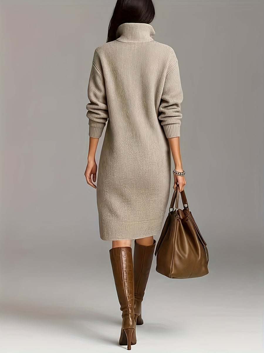 Spring And Summer Mid-Length Sweater Stand-Up Collar Versatile Commuting Easy Dress, Women'S Dress Wedding Guest Attire, Beautiful Sweater, Spring Sweater - Camel