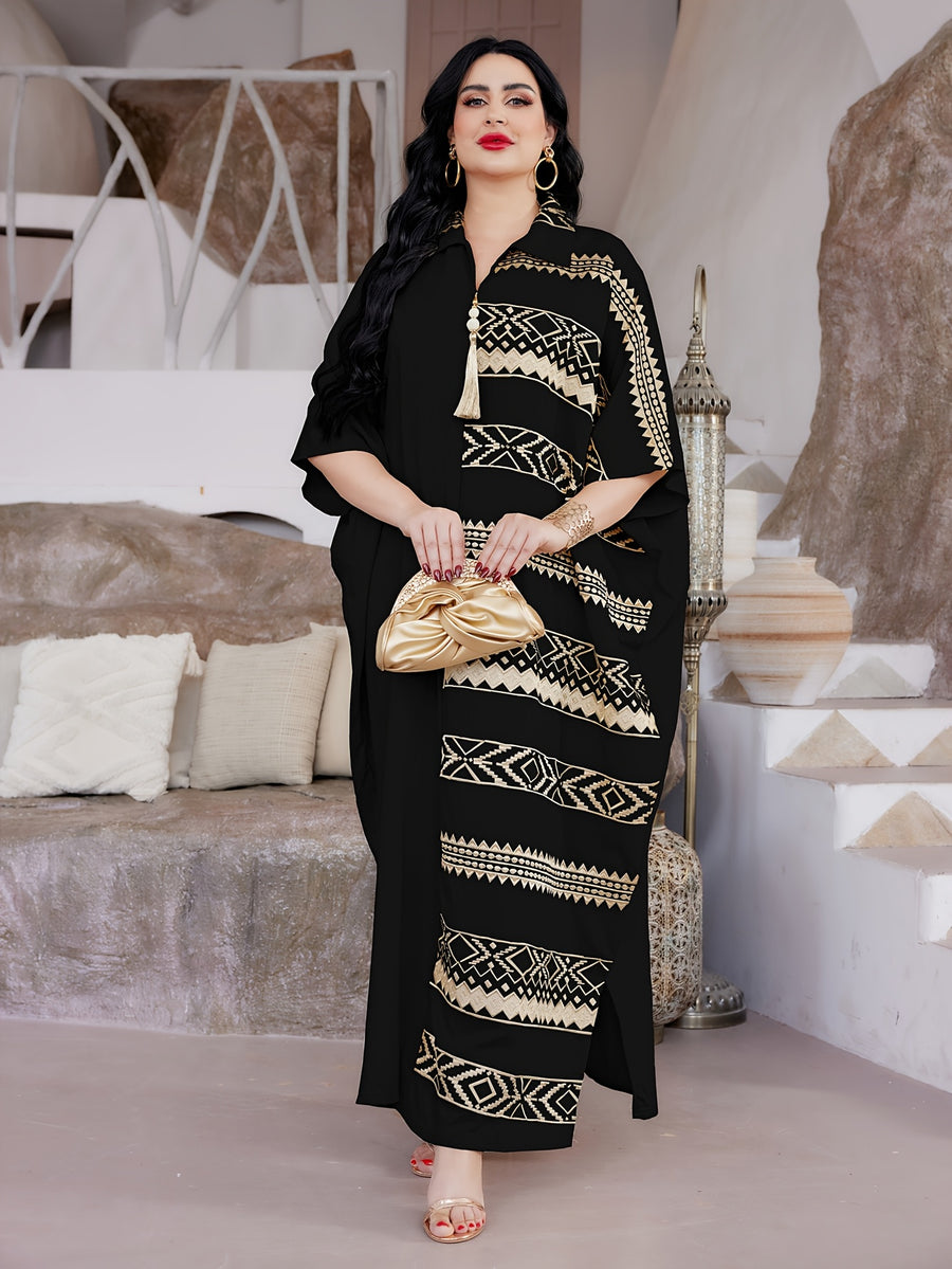 Targeted Heavy Industry Golden Silvery Embroidered Arabic Women'S Dress, 2026 Summer Autumn Style Women'S Holiday Party Attire, Jalabiya Ruffled Lapel Batwing Sleeve Hem Slit Square Asymmetrical Geometric Atmospheric Black Robe - Black