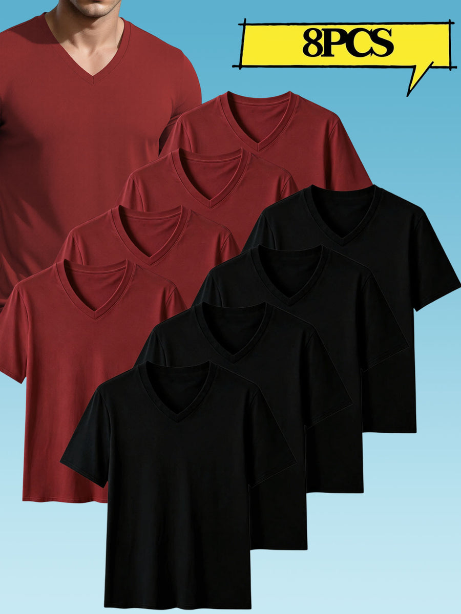 8pcs Men's Casual Knit Ribbed V-Neck T-Shirt / Soft and Comfortable Fabric / Short Sleeve / Solid Color / Crew Neck / Back-to-School Season, Casual Sporty Design Top, Multiple Colors Available, Suitable for Summer Daily Wear - 4 pieces in black + 4 pieces in burgundy