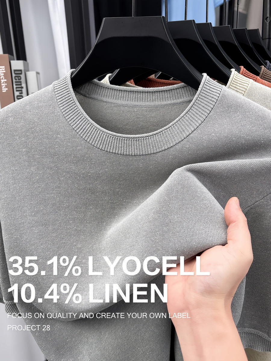 35.1% Lyocell And 10.4% Linen High-Quality Light Luxury Men'S Short Sleeve Round Neck Pullover Knit T-Shirt Fashion Casual Suitable for Outdoor Sports Golf Base Layer Floral Yarn Knit Fabric Collar Rolled Edge Craft Easy Commute Light Business Style - Advanced Gray