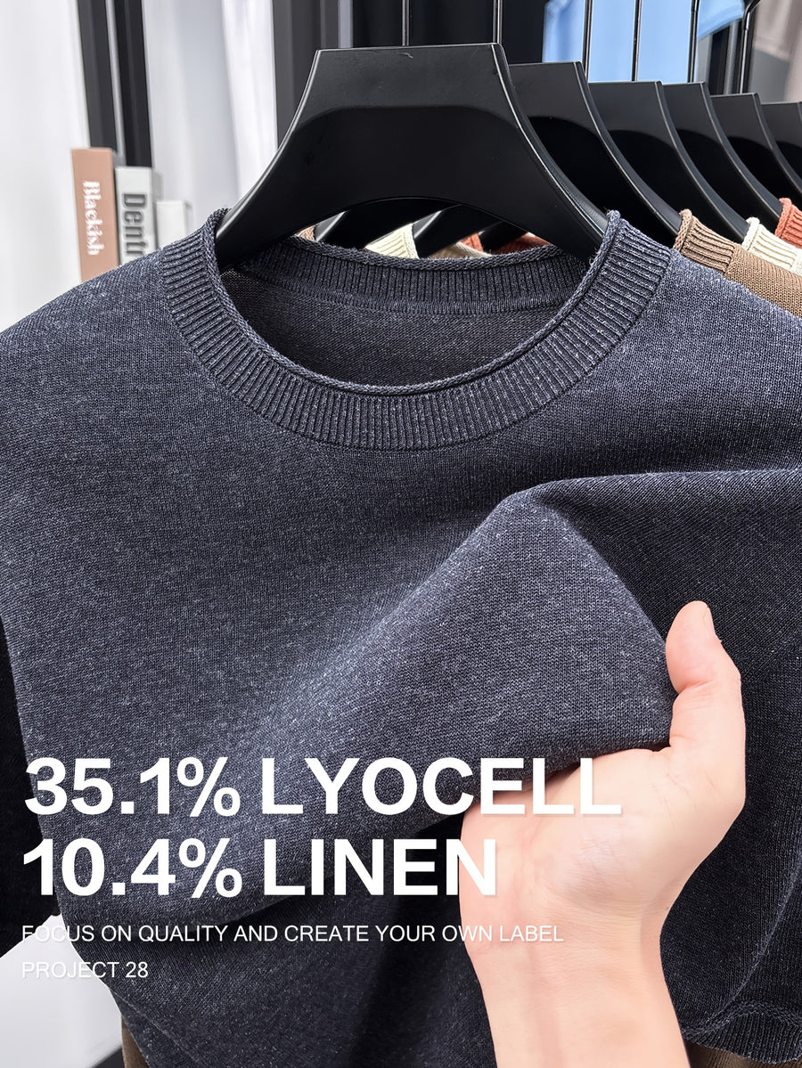 35.1% Lyocell And 10.4% Linen High-Quality Light Luxury Men'S Short Sleeve Round Neck Pullover Knit T-Shirt Fashion Casual Suitable for Outdoor Sports Golf Base Layer Floral Yarn Knit Fabric Collar Rolled Edge Craft Easy Commute Light Business Style - Night Blue