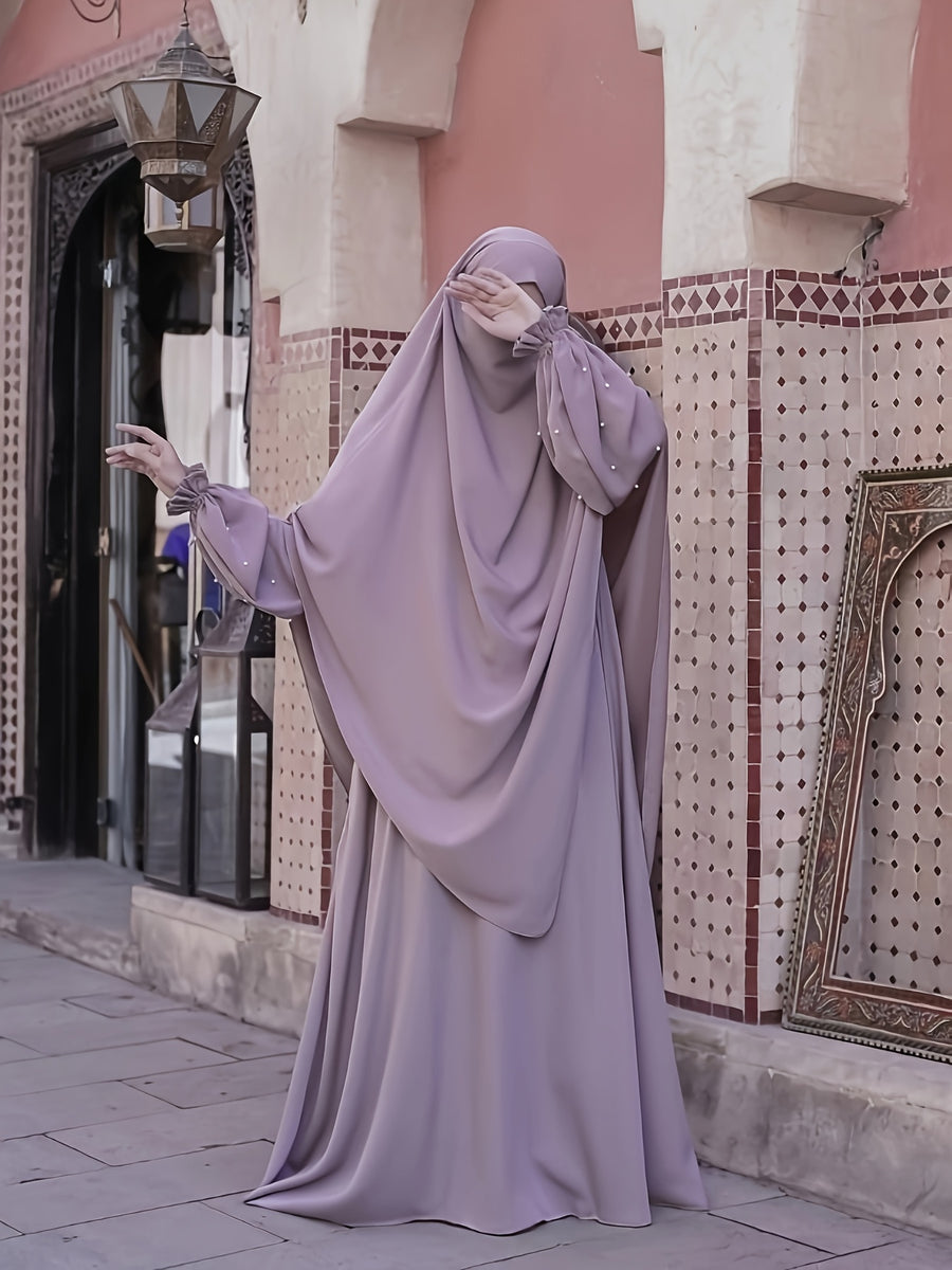 Middle Eastern Solid Color Women'S Robe with Pearl Sleeves Dress And Long Scarf 2pcs Set, Ideal for Women'S Daily Wear, Travel, And Ramadan - Light Purple