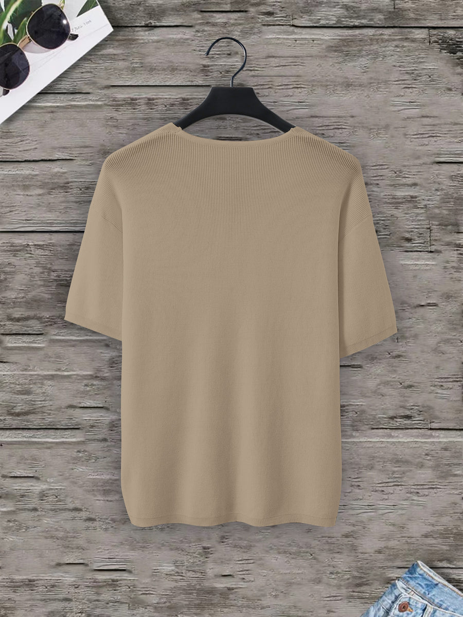 Men'S Loose-Fitting Short-Sleeve Pullover with a V-Neck And Dropped Shoulders, Knit - Khaki