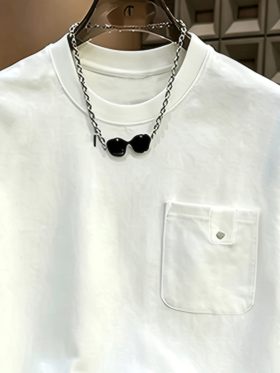 Men's New Summer Apparel, Unique and Distinctive Chest Pocket Pure Color Short Sleeve T-Shirt, Crew Neck, Elegant Gentleman's Trendy Tee - White