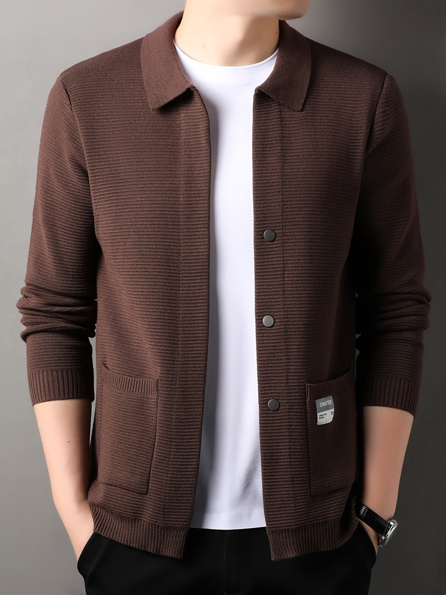 [Wading Whale OBM] Spring/Summer New Men'S Knit Cardigan, Old Money Style Solid Color Lapel Long Sleeve Open Front Sweater Jacket with Single Button Closure And Side Pockets, Suitable for Spring And Autumn Layering Or Outerwear - Coffee Brown