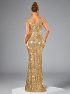Women's Elegant Sequin Long Evening Gown - High-Waisted Mermaid Backless Formal Dress with Asymmetric One-Shoulder Neckline, Long Sleeve Sparkling Party Wedding Guest Gala Concert Dress, Mermaid Dress - Golden