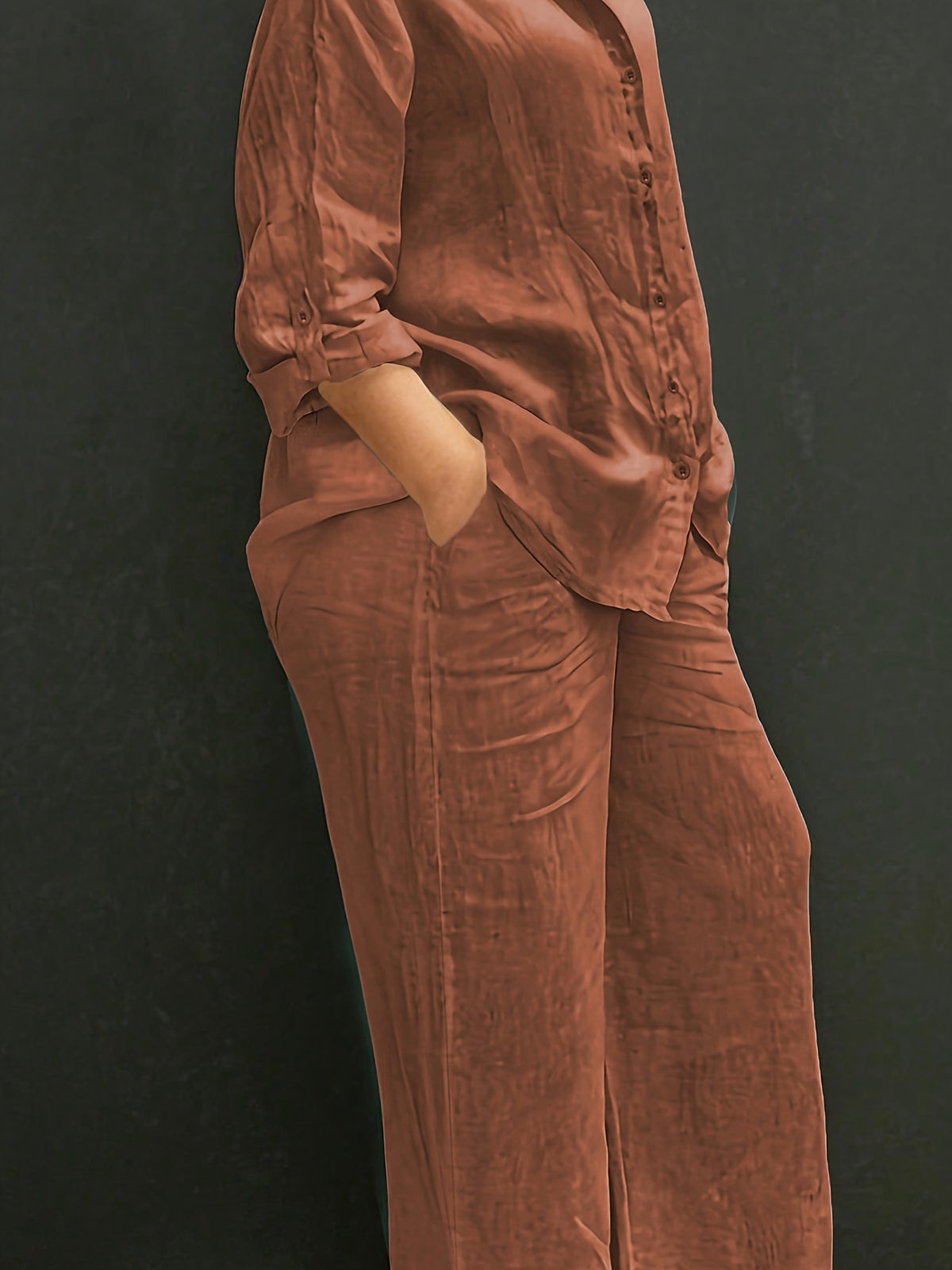 Elegant Women'S Casual Cardigan Solid Shirt Pants Set - Loess Ochre