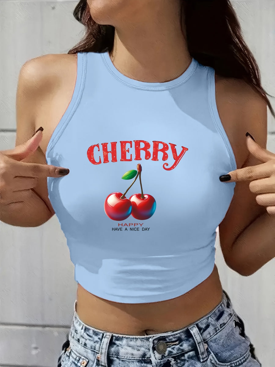 Women's Y2K Elegant Fashion Autumn/Summer Round Neck Tank Top, Cherry Print, Soft Fabric, Machine Washable Comfortable Knitwear, Trendy All-Season Street Style, Popular Loose-Fit Comfortable Multi-Color Option, Breathable Trendy Casual Top - Sky Blue 2