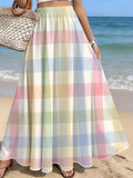 Fresh Colorful Plaid High-Waist A-Line Flared Skirt, Summer Casual Vacation Style - Mixed colors