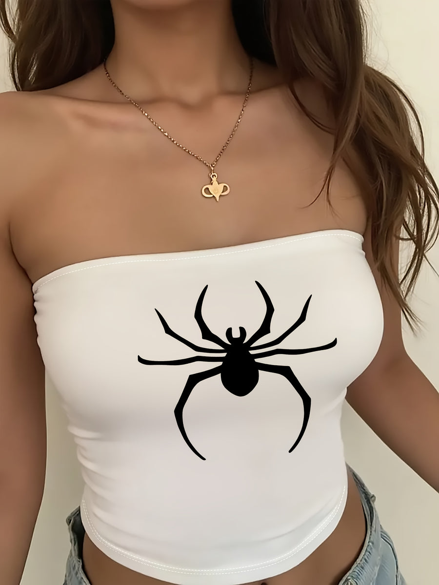 Y2K Women'S Off-Shoulder Short Top With Spider Design | Sexy, Suitable For Summer And Casual Wear, Cute Short Style - White 1