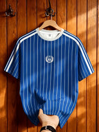 Men's Summer Casual Striped T-Shirt with Contrast Shoulder Stripes & Wheat Ear Shield Print - Breathable Crew Neck Short Sleeve Top, Suitable for Warm Weather, Machine Washable.com-compatible - Royal Blue
