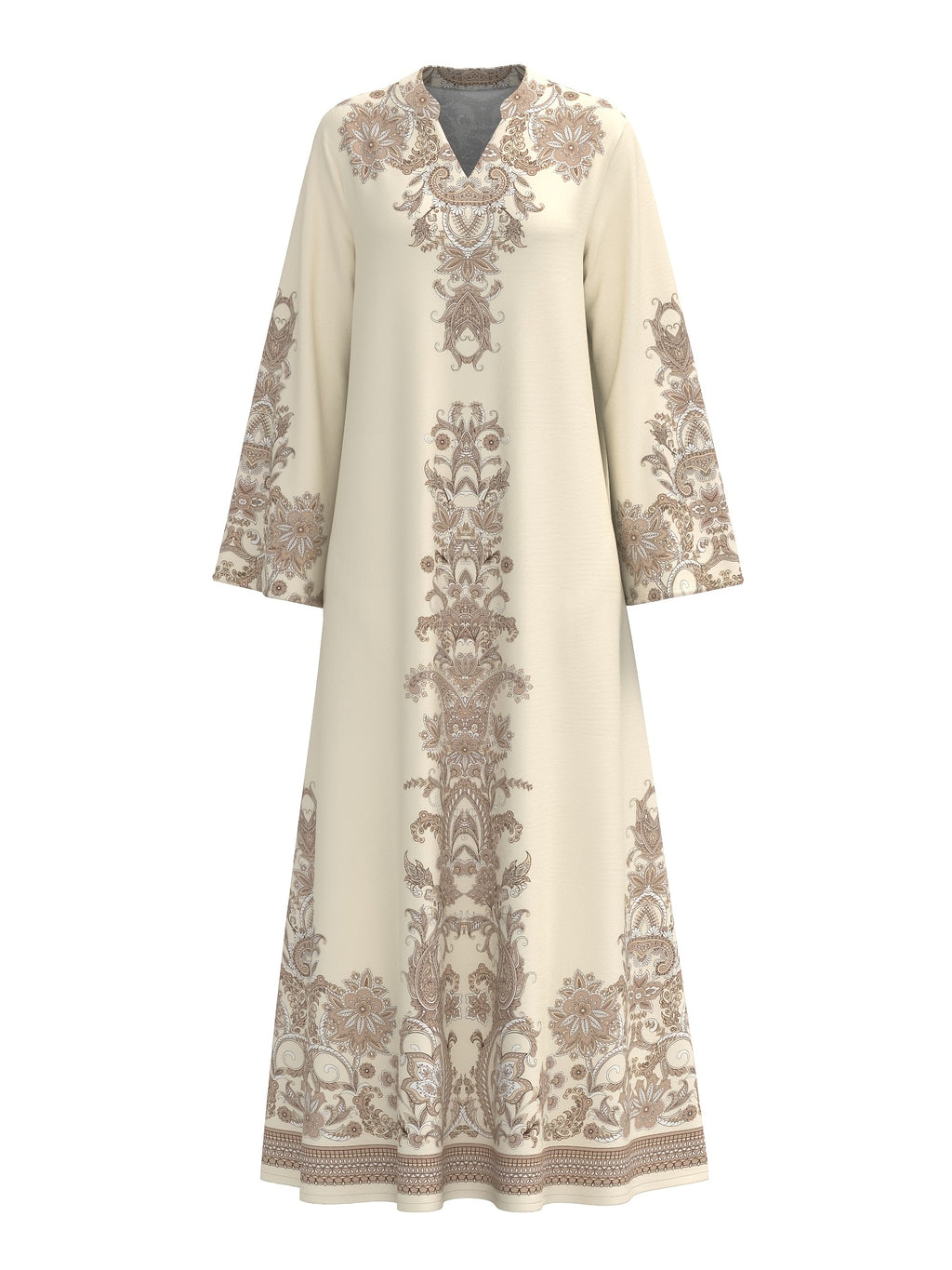 Middle Eastern Abaya Robe, Traditional Attire, Long-sleeve Dress, V-neck, Print, Loose Stand-up Collar - Multicolor