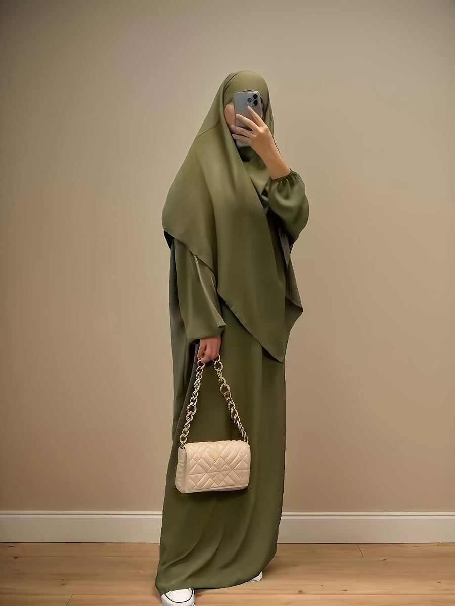 Two-Pieces Set (Khimar And Abaya) Prayer Jilbab Outfit for Muslim Women, Stylish And Elegant, Features a Solid Color, Easy Single-Layer Headscarf Khimar. Ideal for Everyday Wear, Festivals, Gatherings, And Outdoor Events. Women'S Islamic - Olive Green