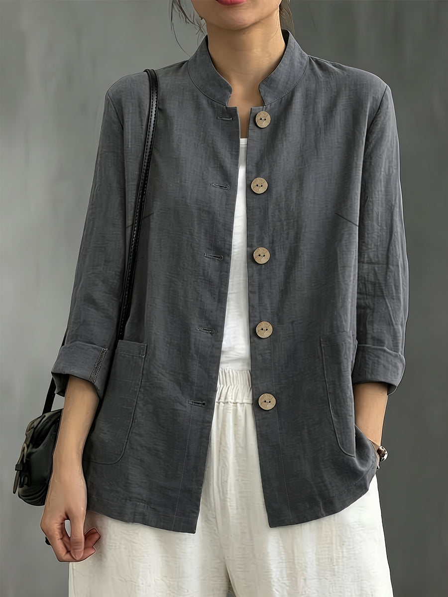 Chinese Style Small Lapel Three-Quarter Sleeve, Relaxed Style Breathable Casual Vacation All-Match Jacket - Dark Gray