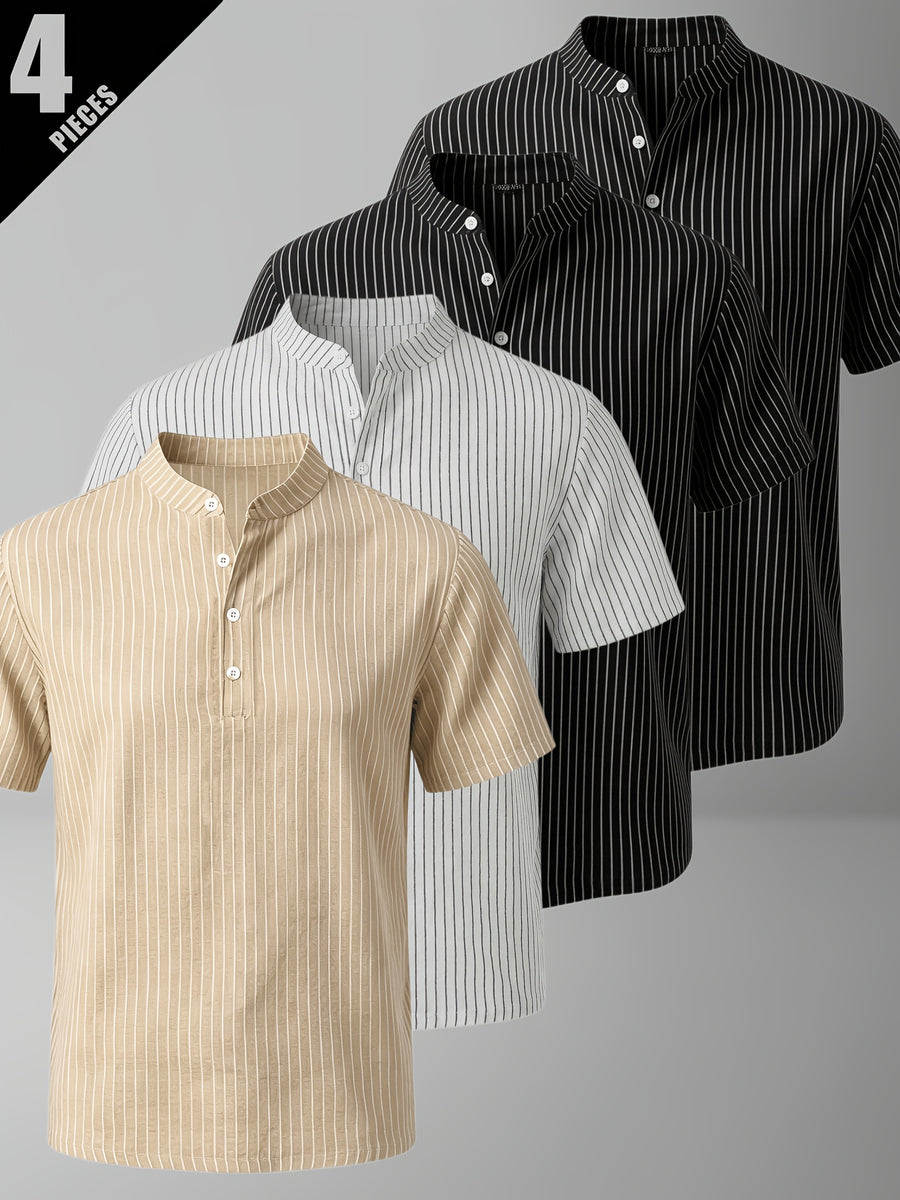 4pcs Men'S Casual Striped Linen Blend Henley Shirts, Breathable Short Sleeve Summer Tops, Suitable for Daily, Beach, And Vacation - Mixed Color 13