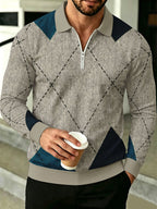 Men's Lapel Half-Zip Polo Shirt, Geometric Vintage Style Casual Polo Top, Suitable for Spring and Autumn Wear, Gift for Boyfriend - Mixed colors