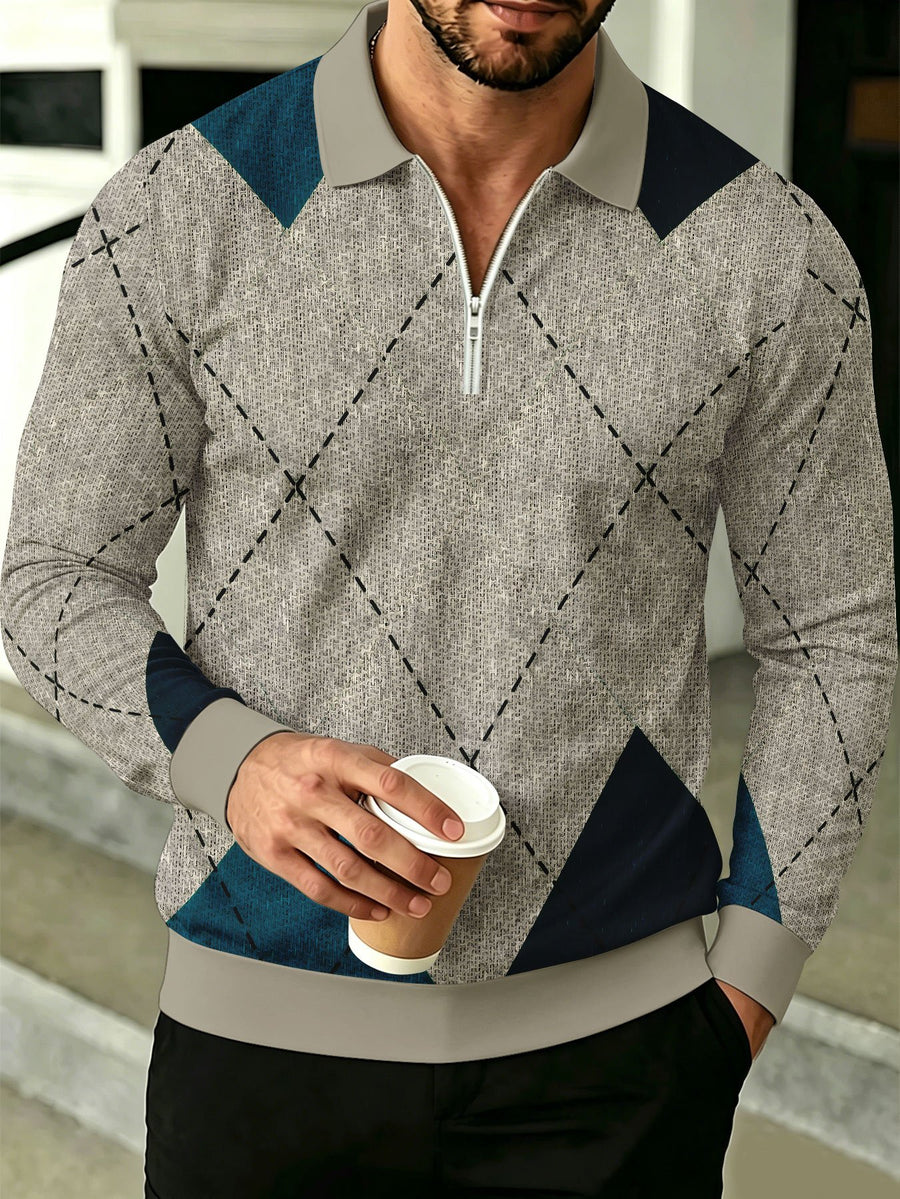 Men's Lapel Half-Zip Polo Shirt, Geometric Vintage Style Casual Polo Top, Suitable for Spring and Autumn Wear, Gift for Boyfriend - Mixed colors