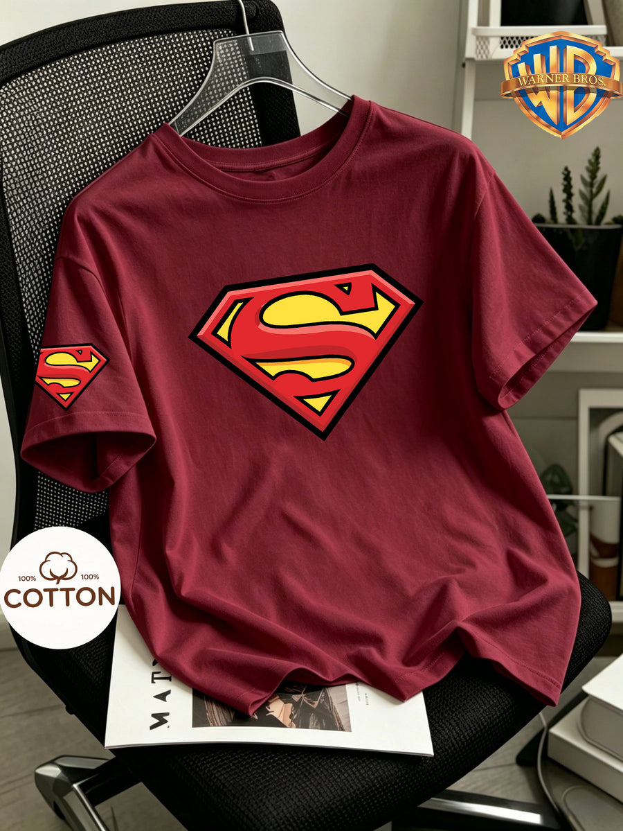 100%, DC Superman Logo Classic Running Men'S Print for Spring, Summer, Autumn, Men'S And Women'S Short Sleeved T-Shirt, Round Neck Comfortable Top, Soft And Comfortable Fabric, Perfect for Home, Sports, Outdoor, Casual - Burgundy