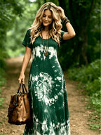 Plus Size, Plus-size Women's V-neck Dress for Spring/summer, Bohemian Style, Comfortable and Lightweight, Perfect for Beach Vacations, Fashionable and Versatile - Dark Green