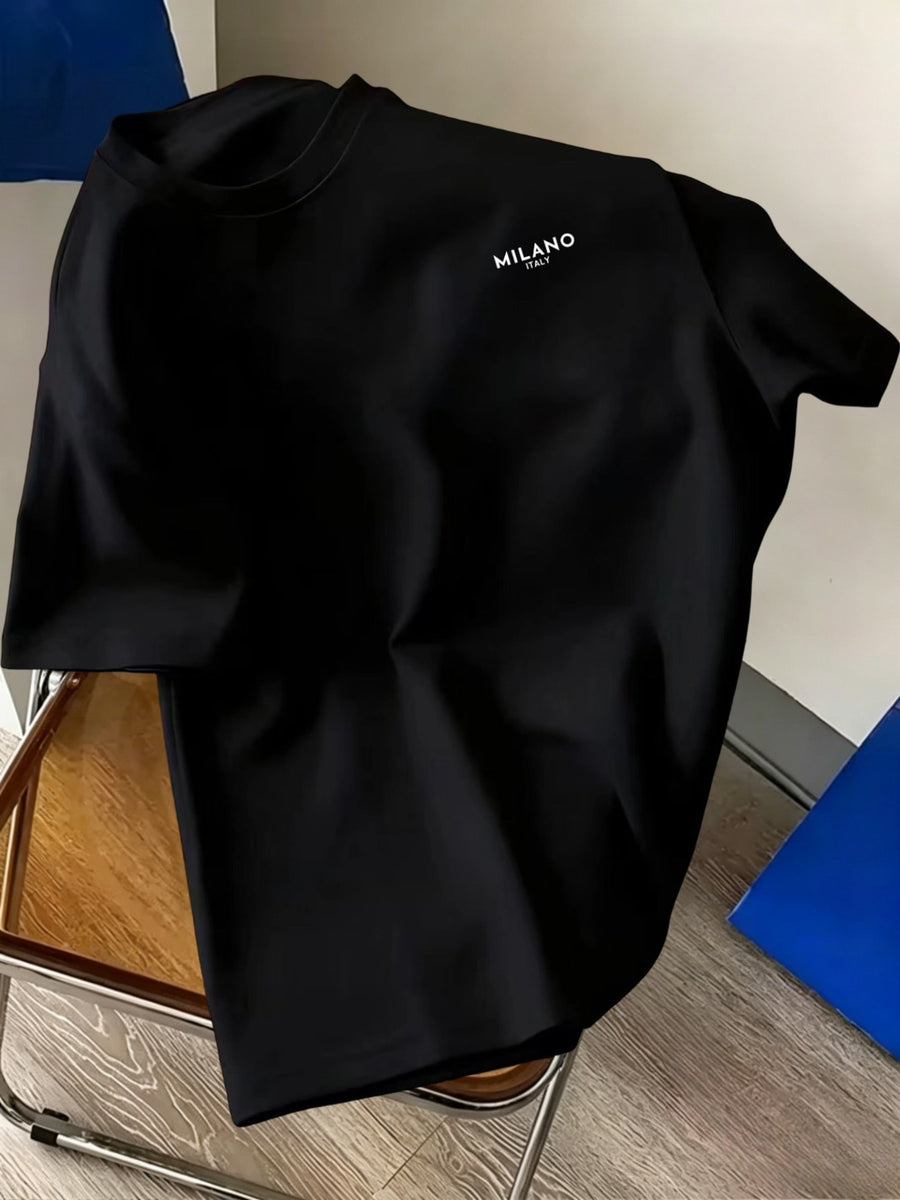 Summer Men's Simple and Stylish Letter Print T-shirt, Casual Round Neck, Slightly Stretchy Short Sleeves, Regular Fit, Suitable for Outdoor and Daily Casual Wear in Summer- Unisex- Single Piece - Black