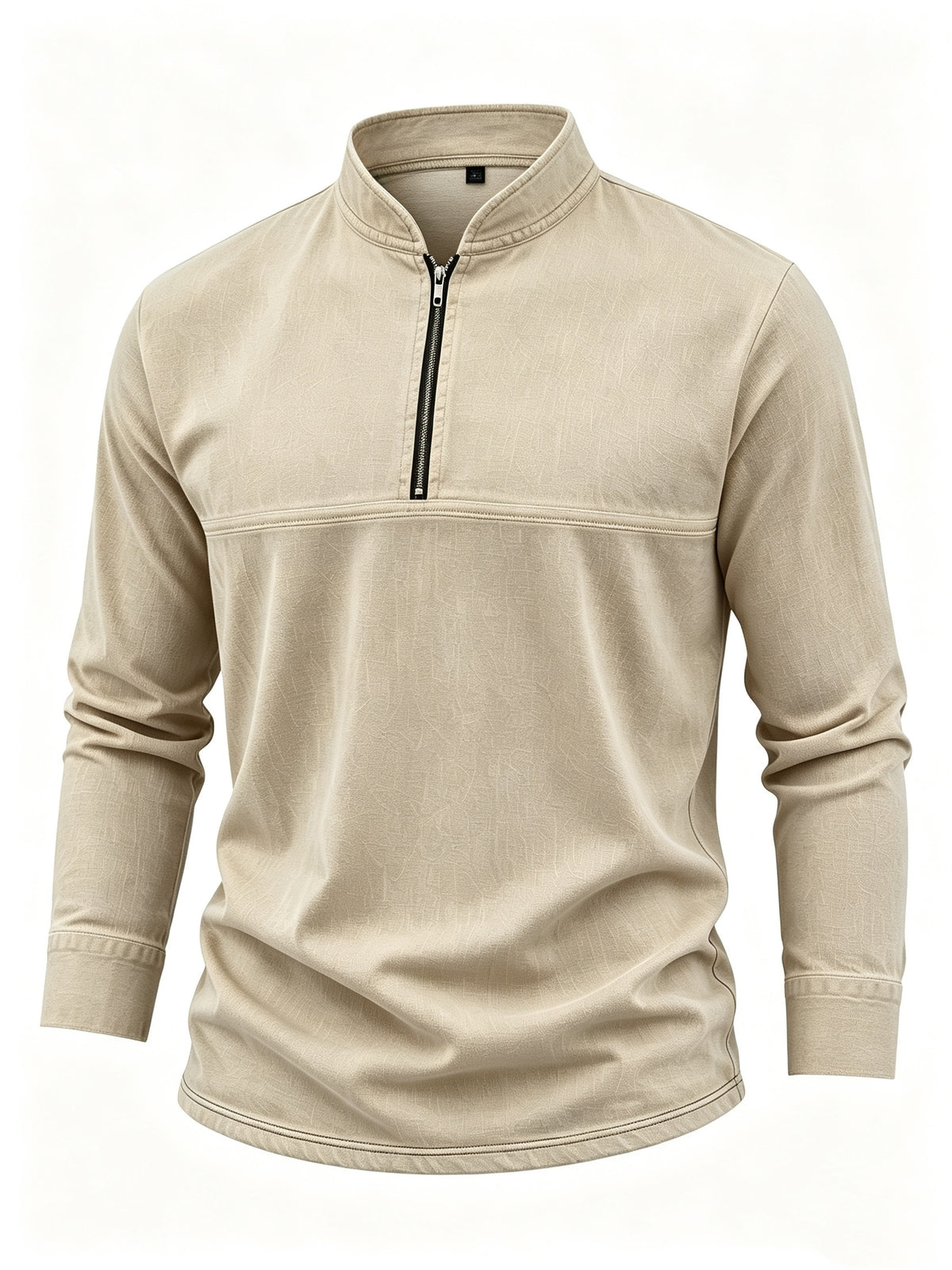 Men's Linen Long Sleeve Henley Shirt Stand Collar Loose Polo Shirt Men's Linen Zipper Casual Shirt - Khaki