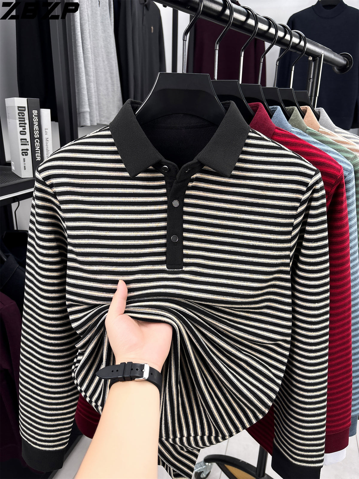 ZBZP Spring Autumn New Men'S Long Sleeve Polo Shirt Lapel Pullover Shirt Easy Business Casual High-End Breathable Long Sleeve T-Shirt Men'S Wear YF - Black