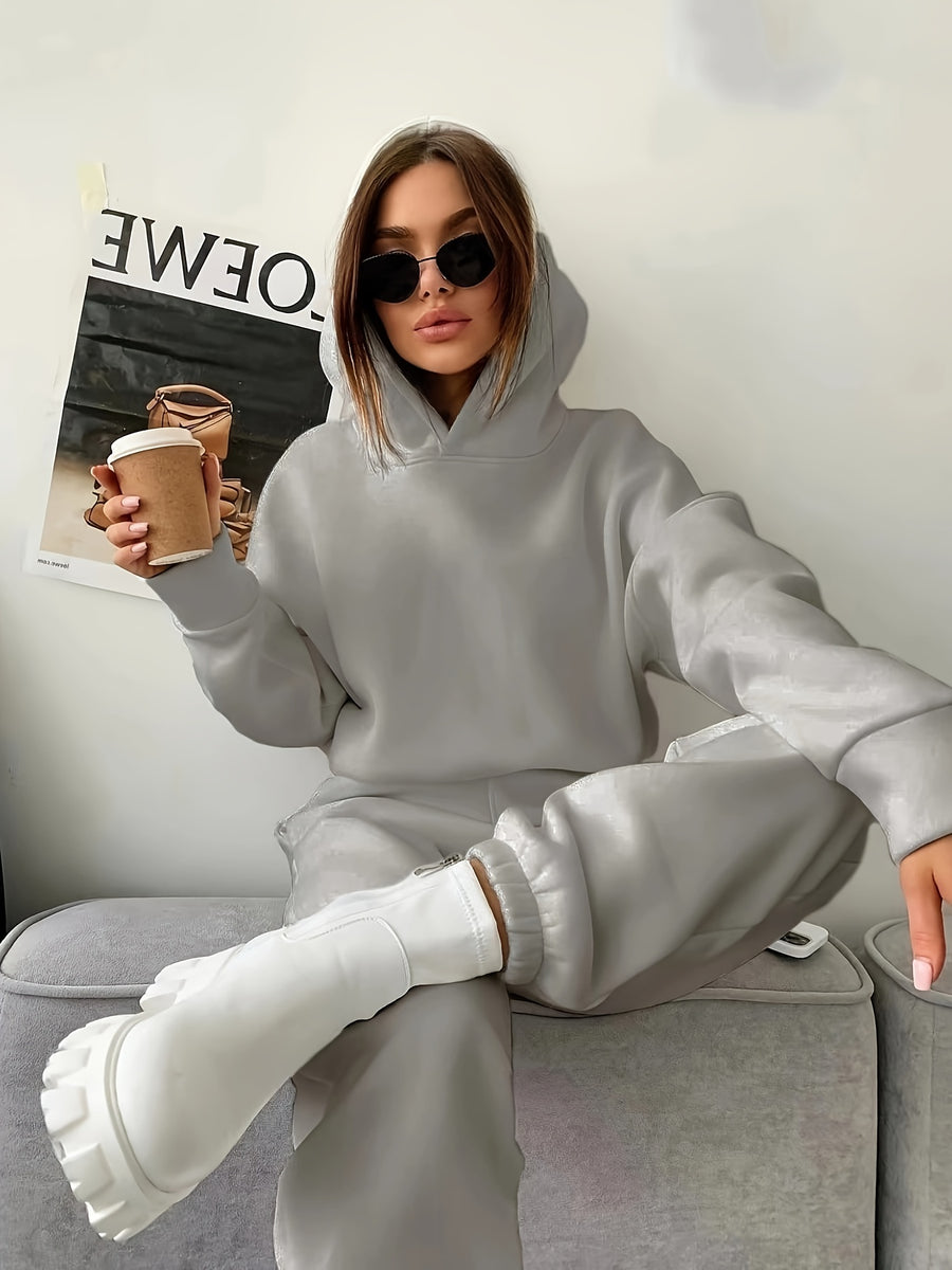Women's Autumn/Winter New Hooded Sweatshirt Solid Color Set - Silvery Grey