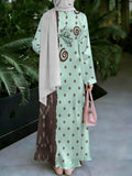 Women'S Hot Middle Eastern Style Muslim Elegant Robe, Mint Green Polka Dot Color-Block Bow Print Long Dress, Loose Long Sleeve Flared Skirt, Daily Prayer Casual Outing, Skin-Friendly Drapey Non-Embroidered Craft - Mixed colors