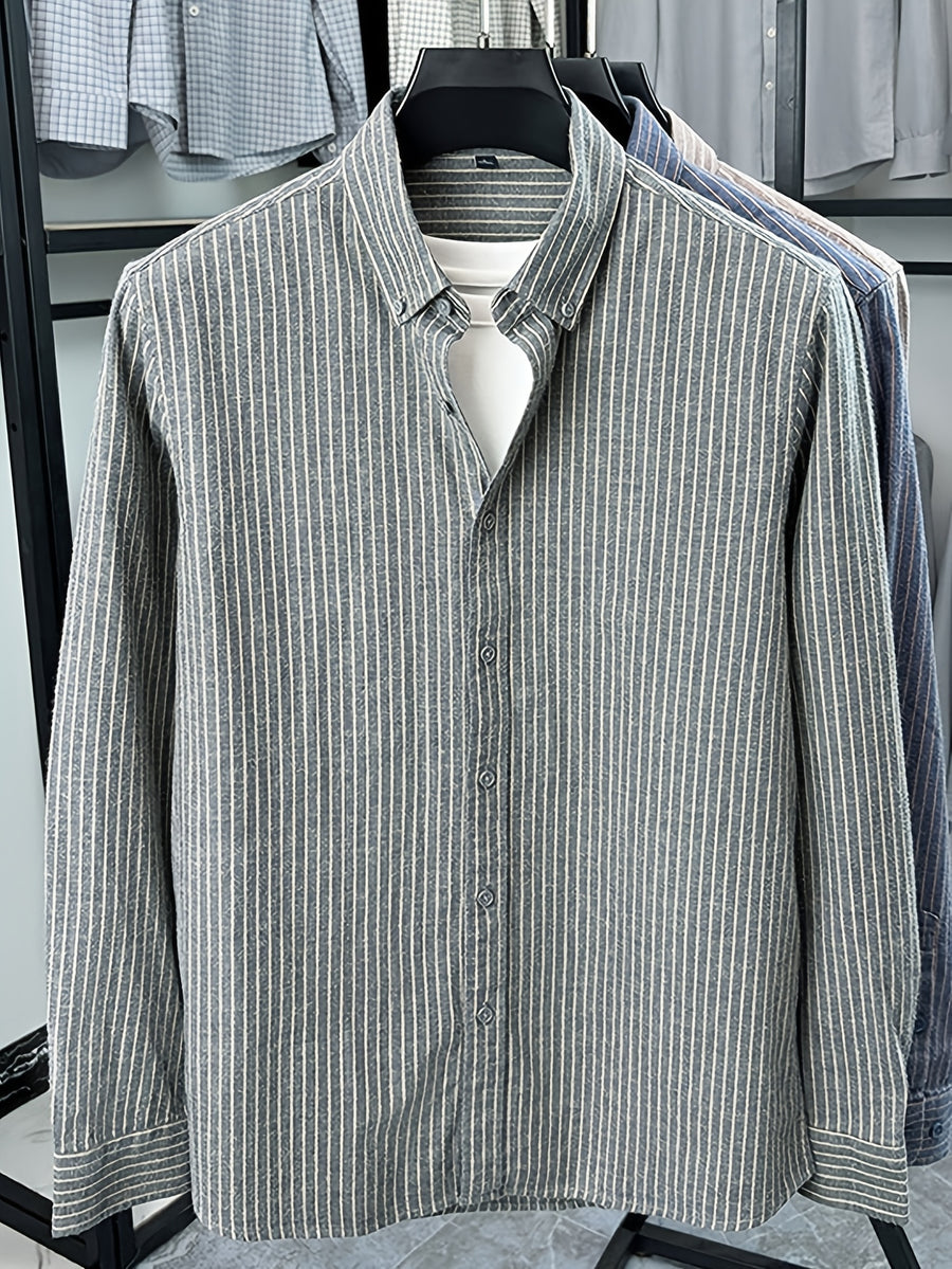 Men'S Pinstripe Long Sleeve Shirt, Button-Up Point Collar Design, Easy Retro Style, Suitable for Spring/Autumn, Can Be Worn As Base Layer in Early Winter - SINBOS - Gray Stripe