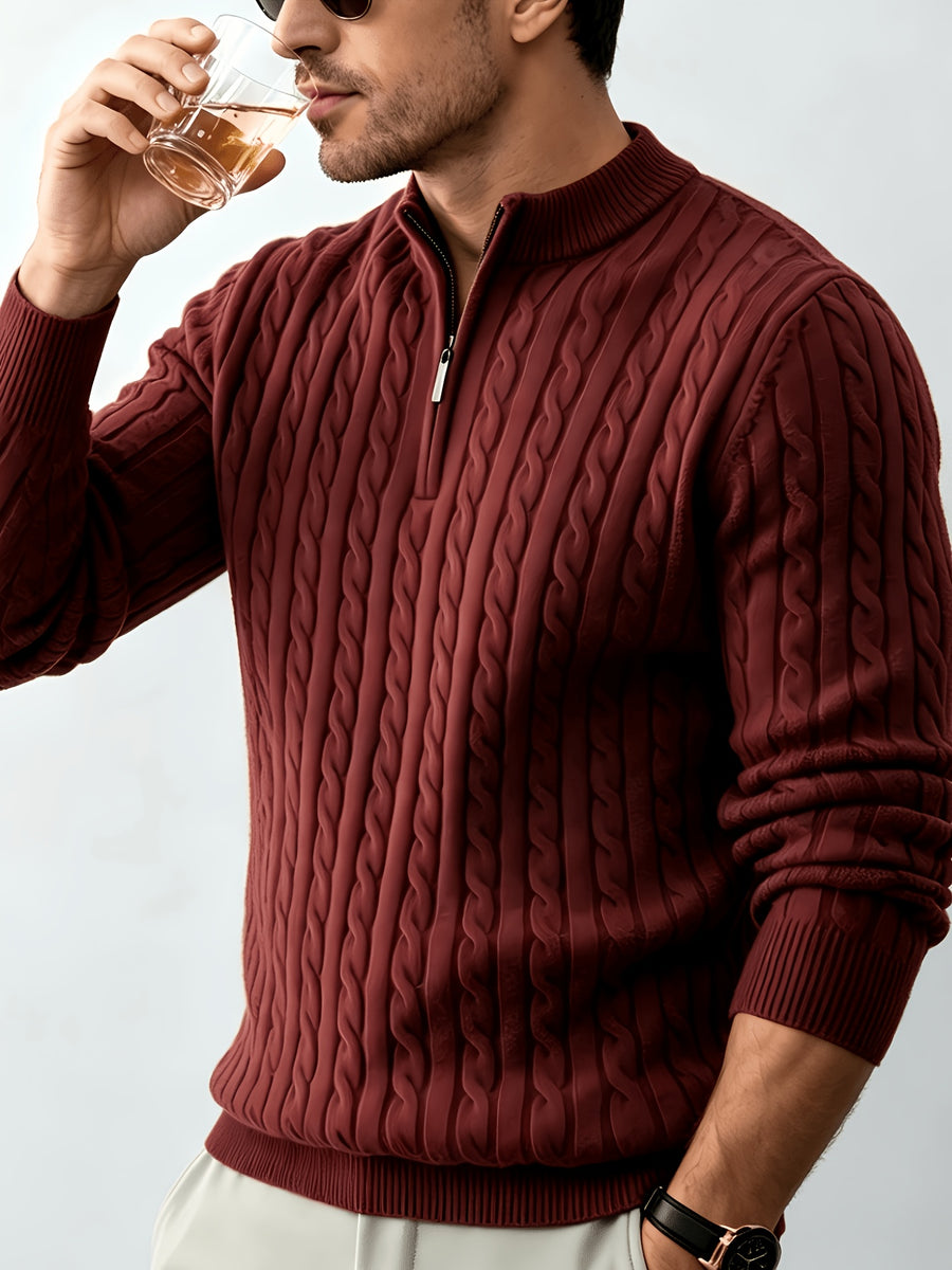New Spring/Autumn Men's Half-Zip Stand Collar Cable Knit Long-Sleeve Sweater. The Stand Collar and Half-zip Design with Three-dimensional Cable Knitting Make It Suitable for Daily Commutes, Light Business Meetings, and Casual Gatherings - Burgundy