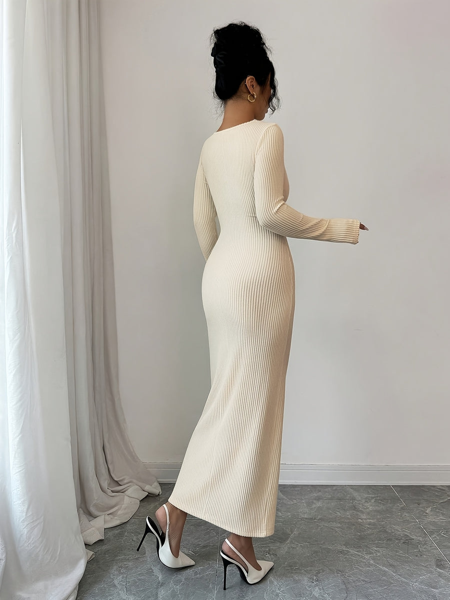 Elegant And Fashionable New Four-Season Decorative Buckle Solid Color Long-Sleeved Tight-Fitting Hip-Hugging Warm Waist- Casual Party Commuting Long Dress - Apricot