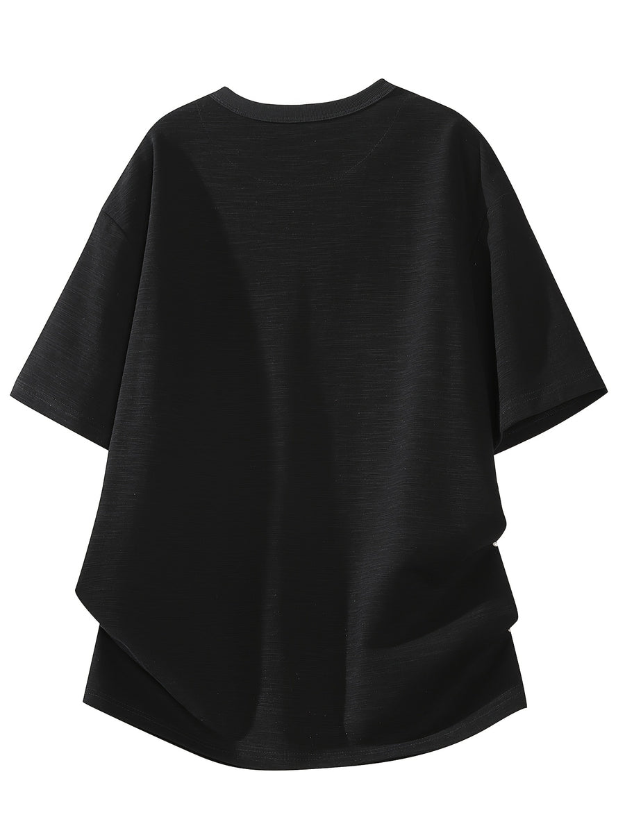 Men's New Bamboo Rayon Knot Pattern Fabric Short-Sleeve T-Shirt, Stylish 2-in-1 Look V-Neck Top, Casual Daily Wear, Suitable for Everyday Outings, Light Commuting, and Other Scenarios - Black