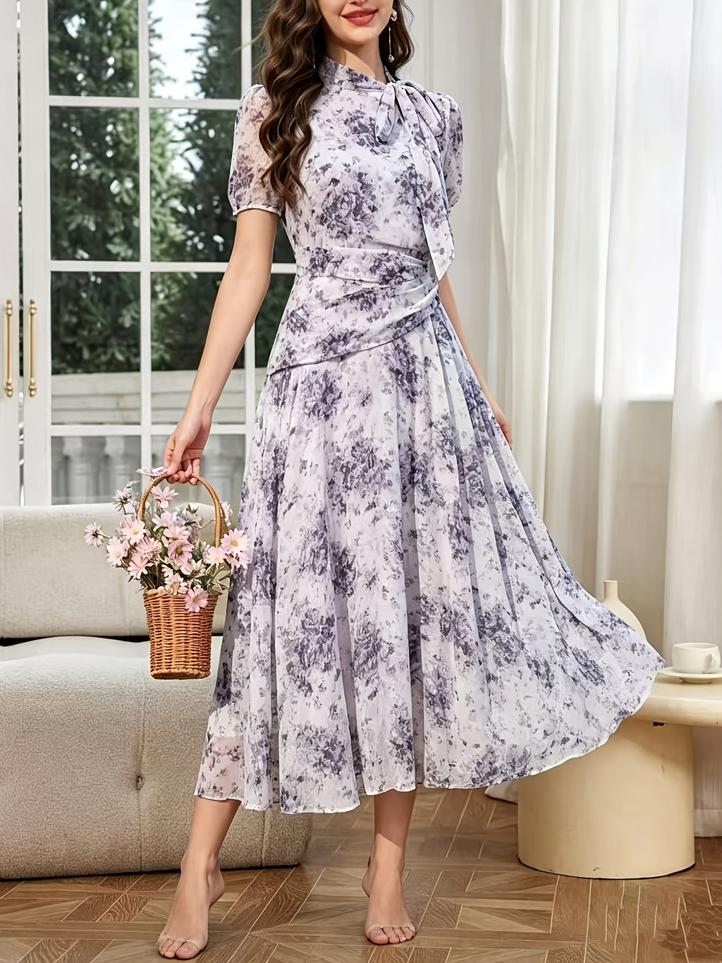 Women'S Dress, Fashion Stand Collar Tie-String Holiday Long Dress, Elegant Printed Fitted Short Sleeve Dress - Deep Purple