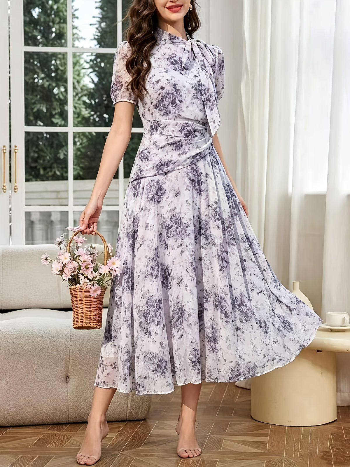 Women'S Dress, Fashion Stand Collar Tie-String Holiday Long Dress, Elegant Printed Fitted Short Sleeve Dress - Deep Purple