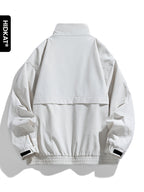 HIDKAT Men's Bomber Jacket with Contrast Collar & Zipper Pockets - Windproof Relaxed Fit Bomber Jacket Suitable for Streetwear, Aviation-Themed Outerwear, Machine Washable Zipper Closure Jacket with Stand Collar (No Transparency) - White
