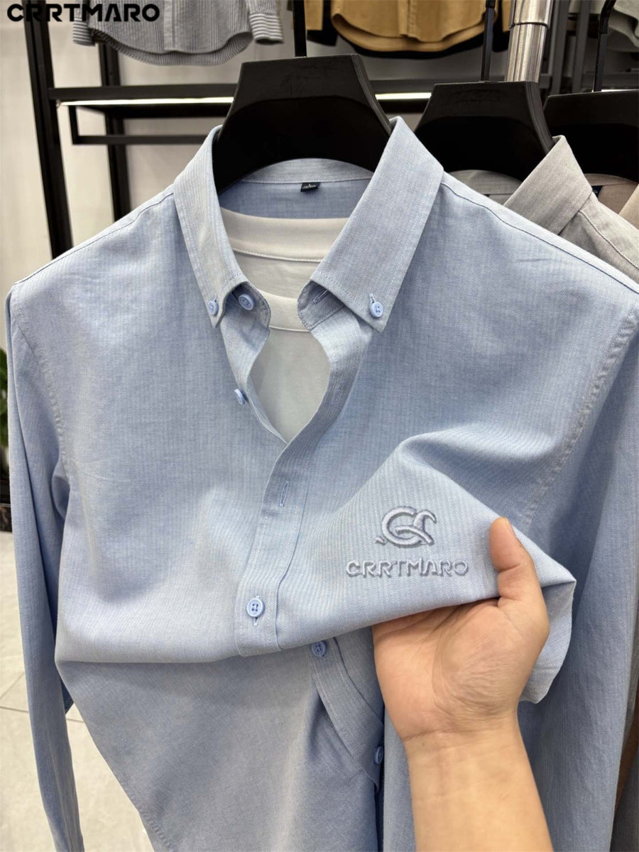 Katemar CRRTMARO Spring/Autumn Men's Business Casual Solid Color Cotton-Blend Long-Sleeve Shirt for Middle-Aged Men, Wrinkle-Resistant and Anti-Wrinkle, Professional, Trendy, and Versatile Dress Shirt NKY - Blue