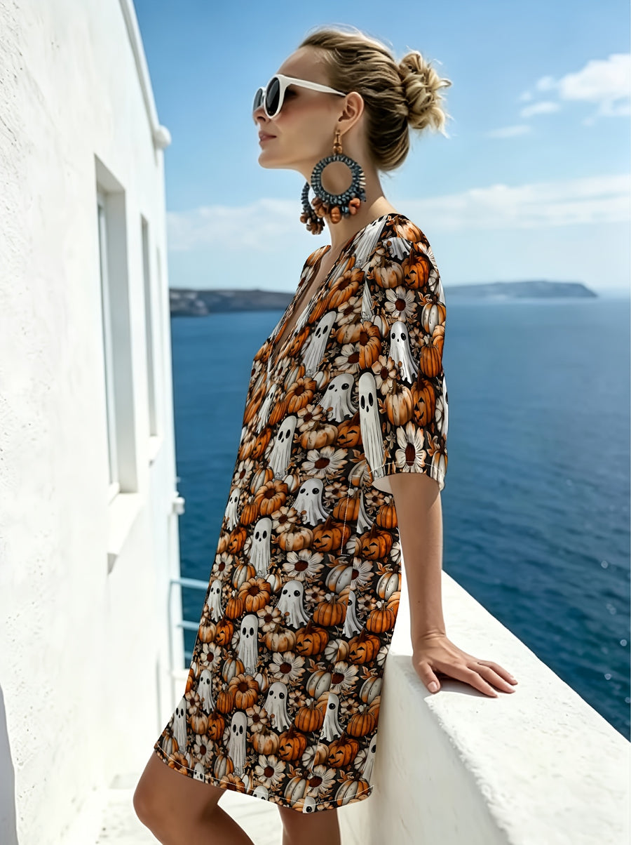 V-neck Loose-fit Straight-cut Short Dress with Vintage Pumpkin Floral Pattern, Relaxed Tailoring, Drapey and Breathable Fabric, Perfect for Creating a Halloween Vibe. Ideal for Outings, Parties, and Photo Shoots. Flattering and Figure-flattering - Mixed colors
