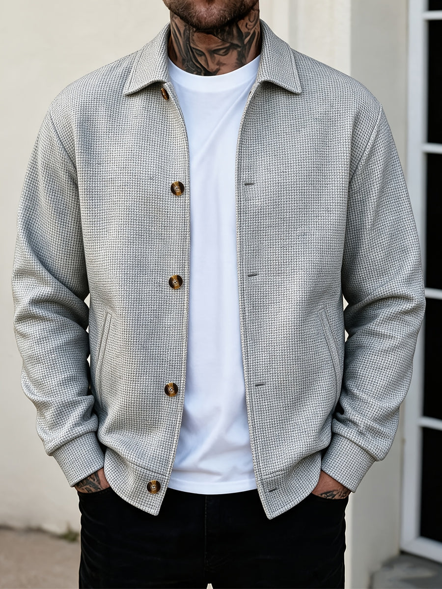 Men's Waffle Check Lapel Shirt-Style Jacket, Lightly Mature Minimalist Style, Checkered Waffle Fabric, Single-Breasted Closure, Side Seam Pockets, Versatile Casual Top Jacket for Men's Spring/Autumn Shopping and Dating Winter Clothes for Men - Light Grey