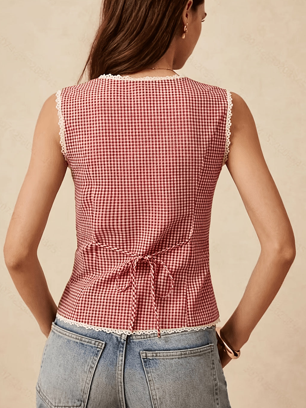 Charming Black And White Gingham Button-Up Top with Lace Trim, Ideal for Casual Chic Looks, Women's Gingham Top, Lace Trim Blouse, Casual Summer, Vintage Style Top, Button-Up Fashion - Red